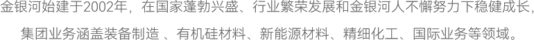 金銀河始建于2002年，在國(guó)家蓬勃興盛、行業(yè)繁榮發(fā)展和金銀河人不懈努力下穩(wěn)健成長(zhǎng)，
集團(tuán)業(yè)務(wù)涵蓋裝備制造 、有機(jī)硅材料、新能源材料、精細(xì)化工、國(guó)際業(yè)務(wù)等領(lǐng)域。